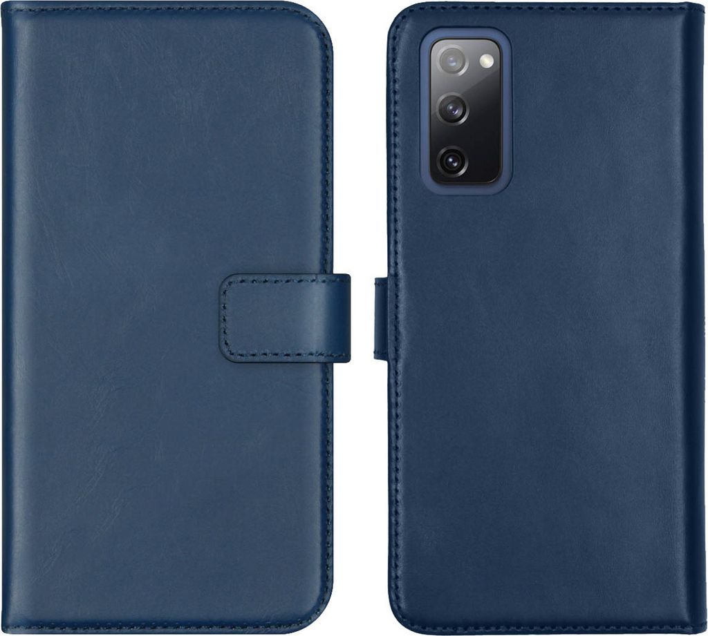 A blue leather flip case for a Samsung Galaxy S20 FE is shown from the front and back.