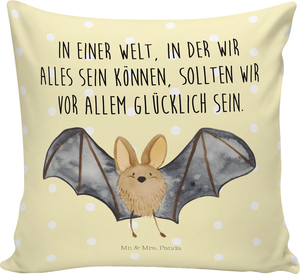 Mr. & Mrs. Panda Deko Kissen Fledermaus Flügel - Gelb Pastell - Geschenk, Polster, Kuschel, Dekokissen, kuschelkissen 40x40, Tiermotive, bedruckt