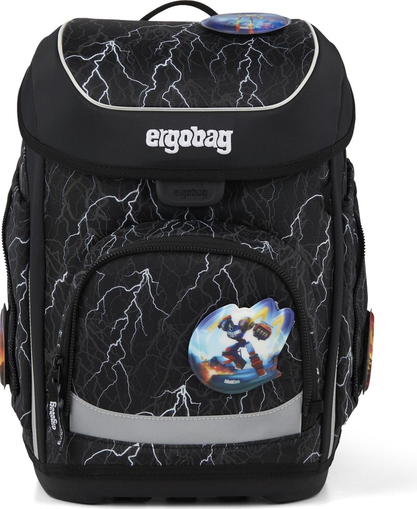 A black ergobag backpack with a lightning bolt pattern and a character patch.