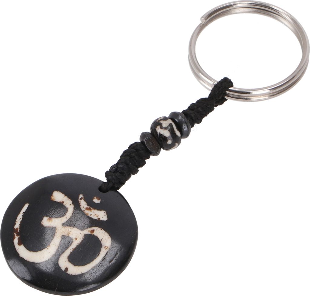 Ethno Tibet Schlüsselanhänger, Gravierter Taschenanhänger - Om/schwarz, Yak-Knochen, Schlüsselanhänger