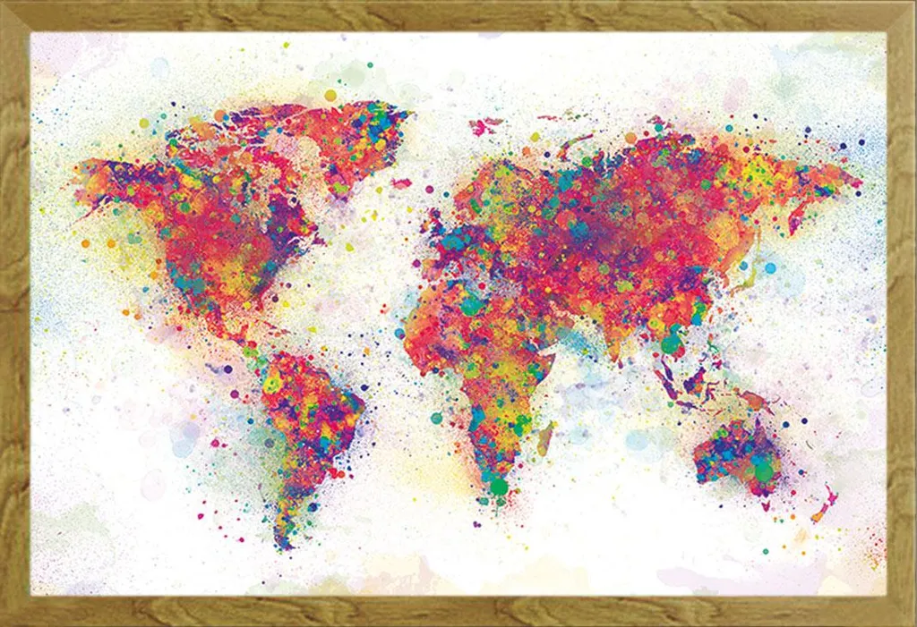 Mappa del Mondo Colour Splash Shinsuke® - Poster con Cornice Rovere MDF