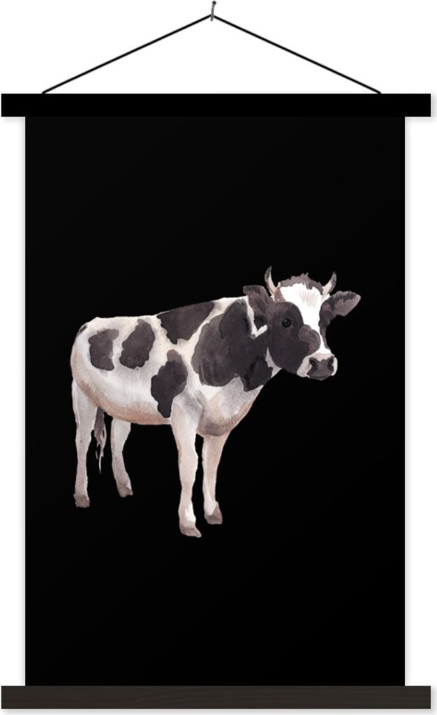 MuchoWow Textilposter Kuh - Schwarz - Weiß 60x90 cm mit schwarzem Rahmen - Poster Wohnzimmer