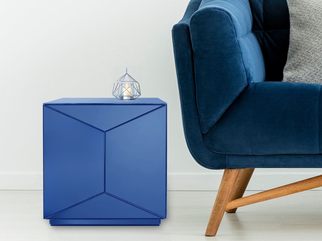 Würfel Beistelltisch, Wohnzimmertisch für Sofas, Nachttisch Blau verspiegelt