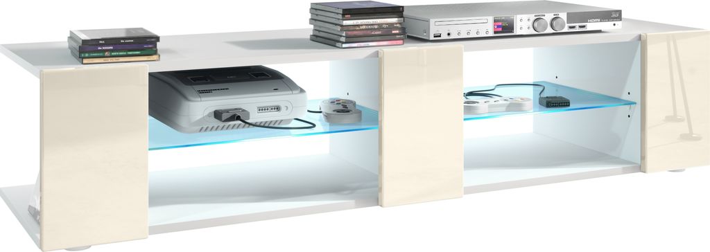 Vladon Lowboard Movie V2, TV-Kommode mit 6 offenen Fächern und Zierleisten, Weiß matt/Creme Hochglanz, inkl. LED-Beleuchtung blau (134 x 29 x 39 cm)