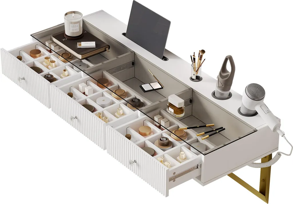 Coiffeuse Blanche 3 Tiroirs avec Séparateurs et Plateau en Verre Chic - 9