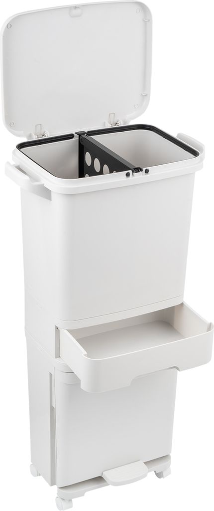 A white, multi-compartment trash can with a pull-out drawer and a pedal at the bottom, shown against a white background.