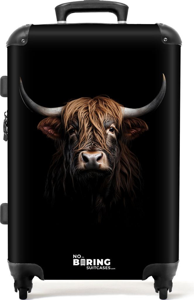 NoBoringSuitcases.com Koffer Mittelgroß 67x43x25 cm, Tiere auf schwarzem Hintergrund: Schottisches Hochlandrind, 60L