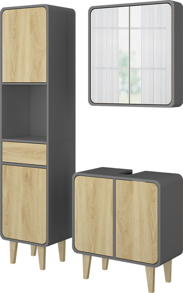 Three pieces of bathroom furniture: a tall cabinet, a wall-mounted cabinet with mirrored doors, and a vanity unit. All pieces have a dark gray frame and light wood-effect doors or panels.