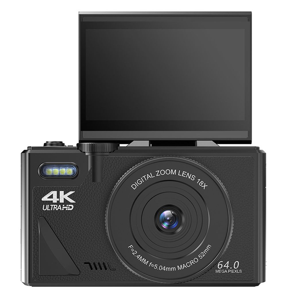 A black digital camera with its screen flipped up, shown against a white background.