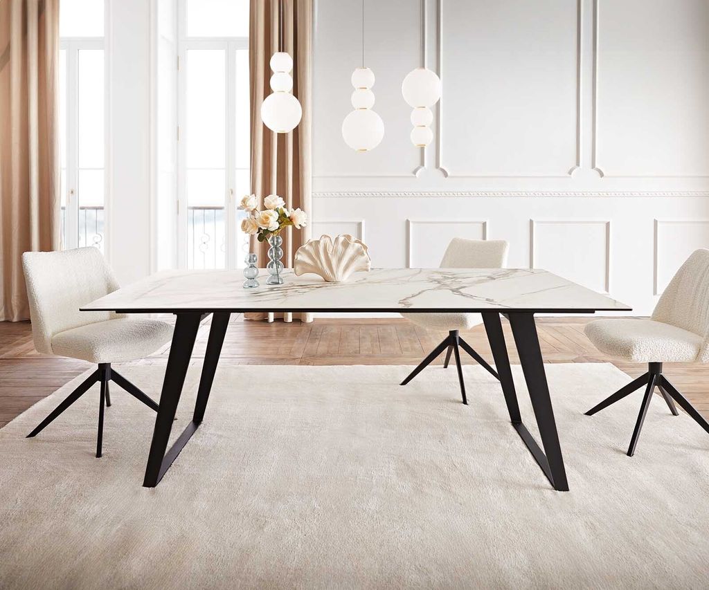 DELIFE Esstisch Edge 200x100 Keramik Calacatta Luxe Weiß-Gold-Grau Metall Schräg Schwarz