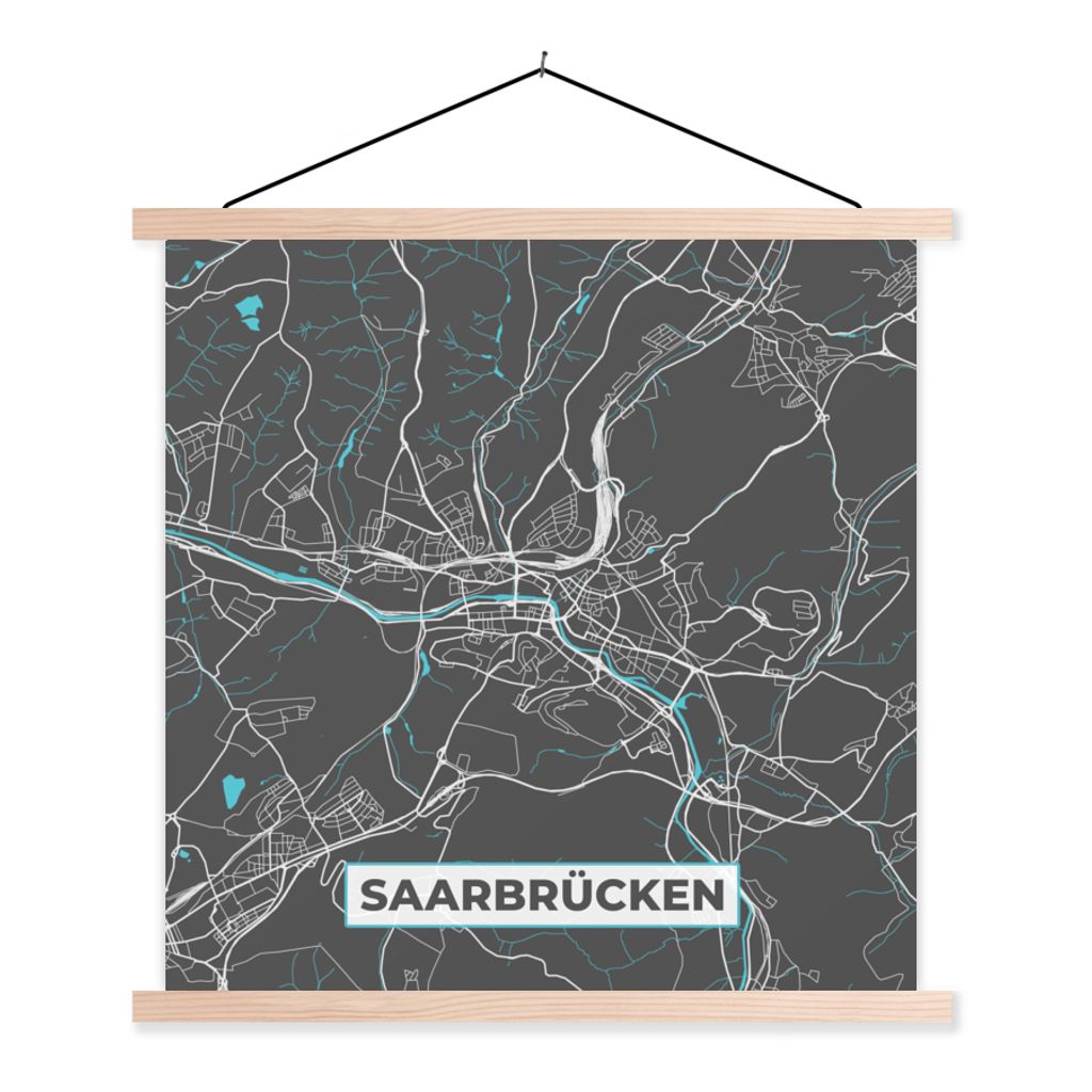MuchoWow Textilposter Blau - Deutschland - Karte - Stadtplan - Saarbrücken 40x40 cm mit holzfarbenen Rahmen - Posterleiste