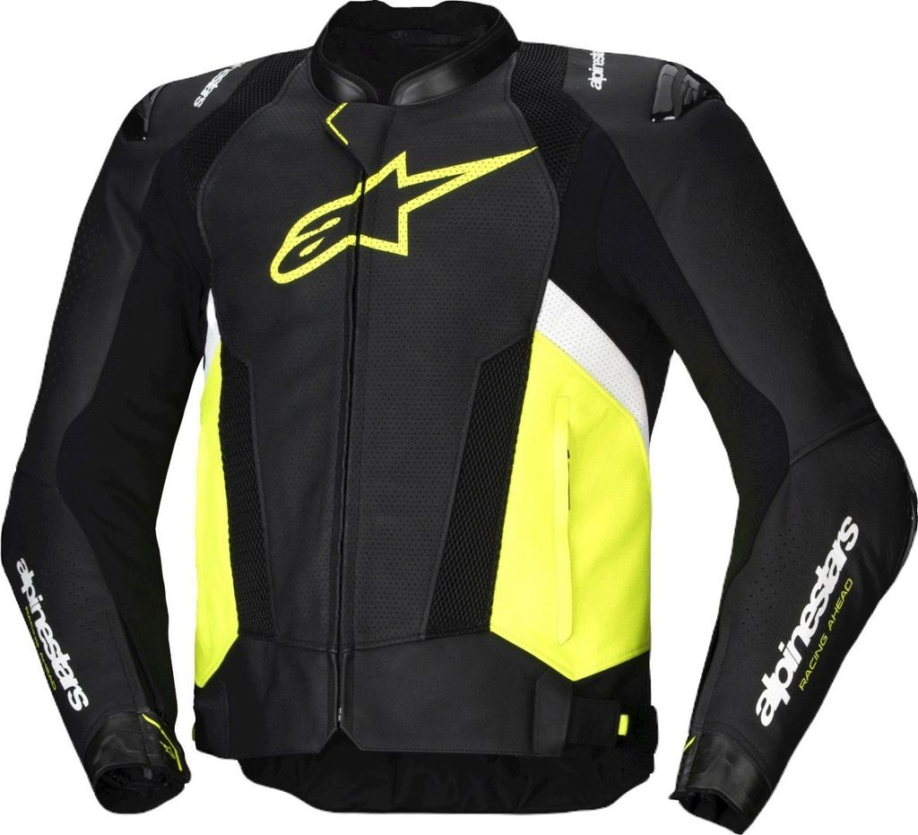 Alpinestars Missile V3 Airflow perforierte Motorrad Lederjacke, schwarz/weiß/gelb, 54