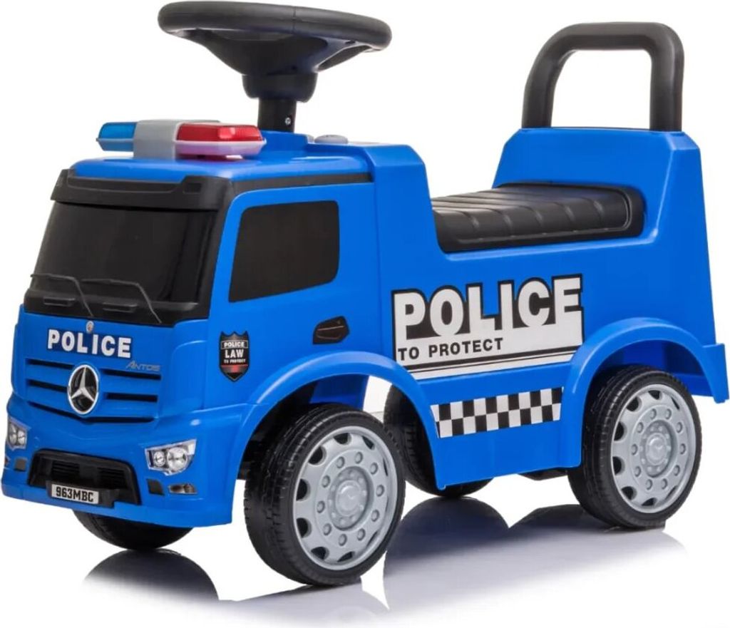 A blue toy police car with the word 'POLICE' on the side.