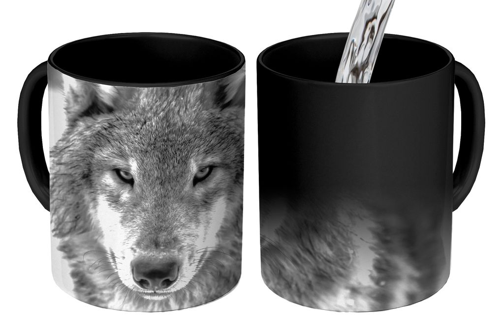 KitchenYeah Zauber Tasse Zaubertasse Magic Tierprofil Wolf in schwarz und weiß 350 ml Farbwechsel Becher Geschenk Geschenkidee - Magic-Tasse - F...