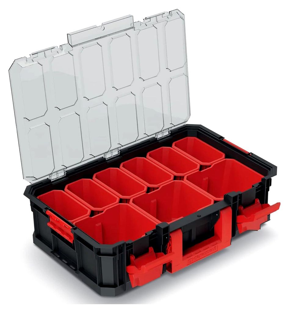 Sortimentskasten Werkzeugkiste Kleinteile Organiser (mit 9 Einsatzboxen, stapelbar, Metallscharniere, transparenter Deckel, Modular Solution 517 x ...