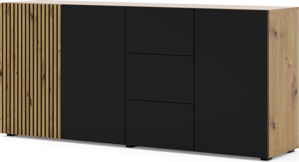 A modern sideboard with a combination of slatted wood and matte black finishes, presented against a white background.