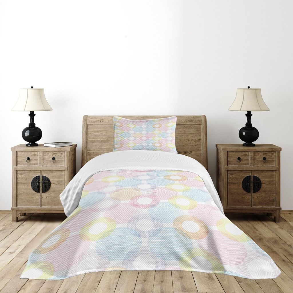 ABAKUHAUS Pastell Tagesdecke Set, Ringformen und große Punkte Dots Symmetrische überlappende Figuren Geometrische Feminine, 170 x 220 cm, Mehrfarbig