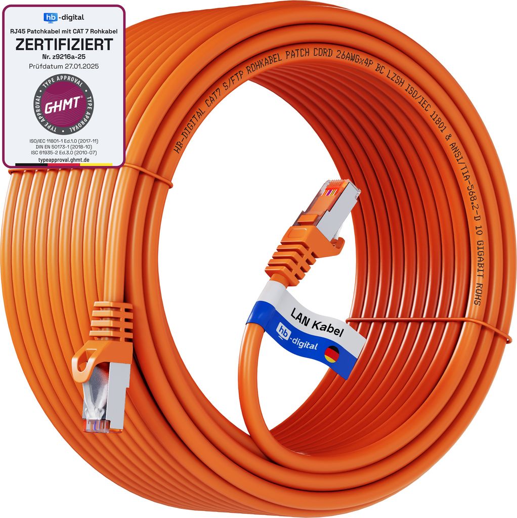 hb-digital Netzwerk Anschlusskabel CAT 7 10m Patch Kabel RJ45 S/FTP PiMF LSZH AWG 26 halogenfrei orange