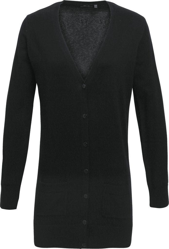 Premier Damen Strickjacke mit V-Ausschnitt, längere Länge RW5589 (46 DE) (Schwarz)
