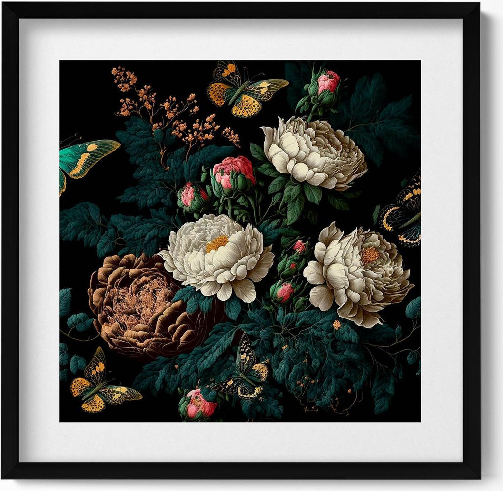 Botanisches Blumenmuster– Wandbild mit Rahmen – Gerahmtes Bild – Wanddekoration – 50x50 cm – Schwarz Rahmen