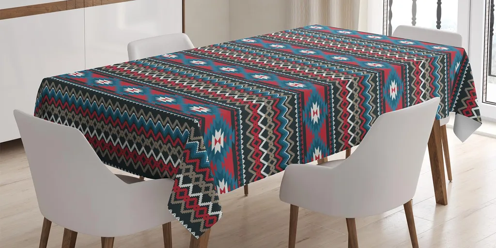Offerta Tovaglia ABAKUHAUS 140x240 Azteca - Motivi Maya Blu e Rossi