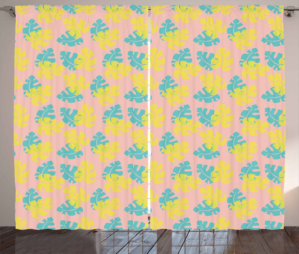 ABAKUHAUS Tropisch Rustikaler Gardine, Pastel Monstera, Schlafzimmer Kräuselband Vorhang mit Schlaufen und Haken, 280 x 225 cm, Gelb Blush Aqua