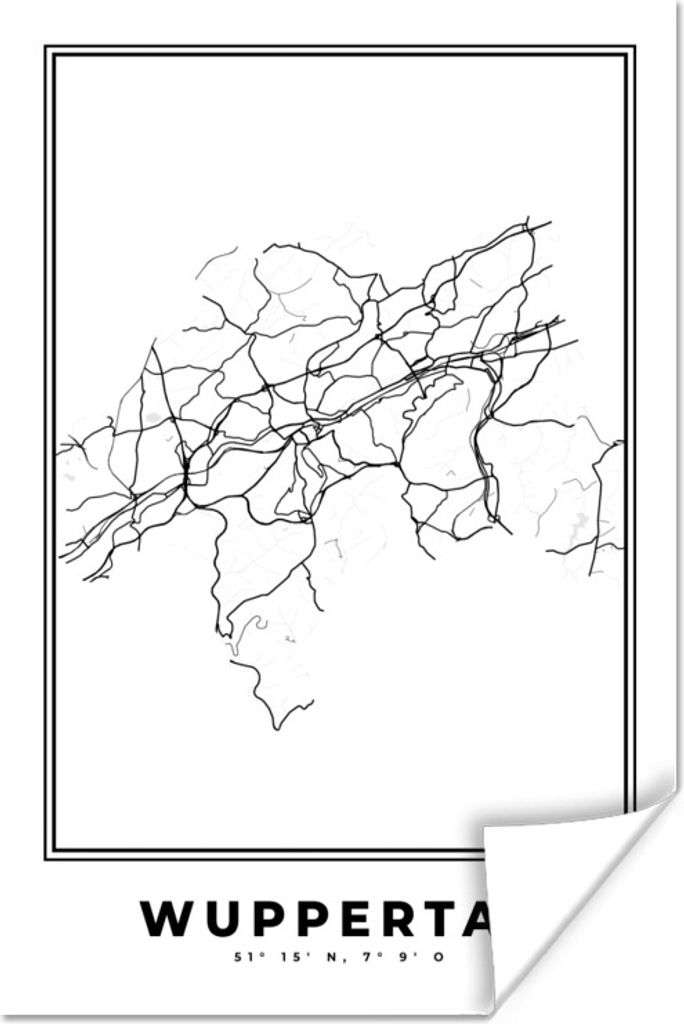 MuchoWow Poster Schwarz und weiß - Deutschland - Karte - Stadtplan - Wuppertal 60x90 cm - Wanddekoration