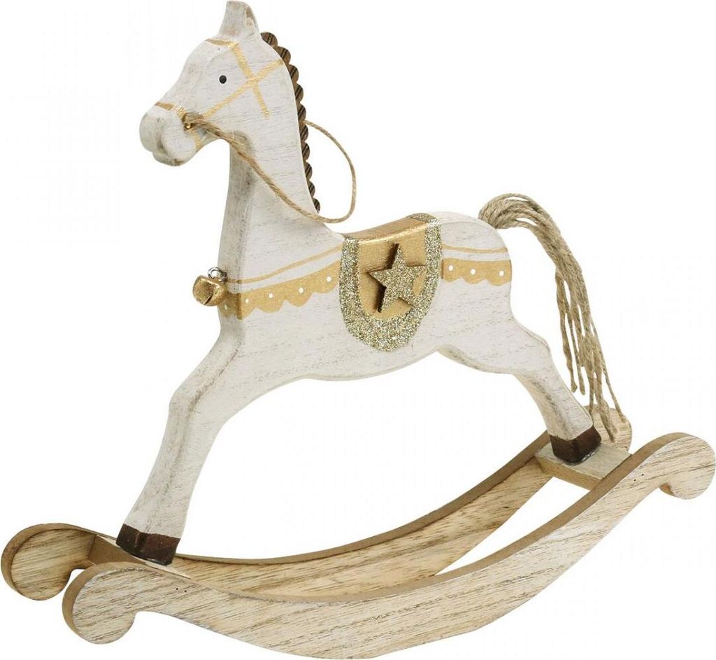 Schaukelpferd Holz Vintage Weihnachtsdeko Weiß Gold Tischschmuck 24cm
