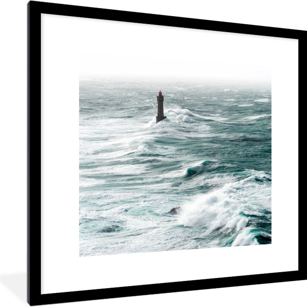MuchoWow Gerahmtes Poster Der Leuchtturm von La Jument im Meer vor der französischen Küste 40x40 cm - Poster mit Schwarzem Bilderrahmen Wandpos...