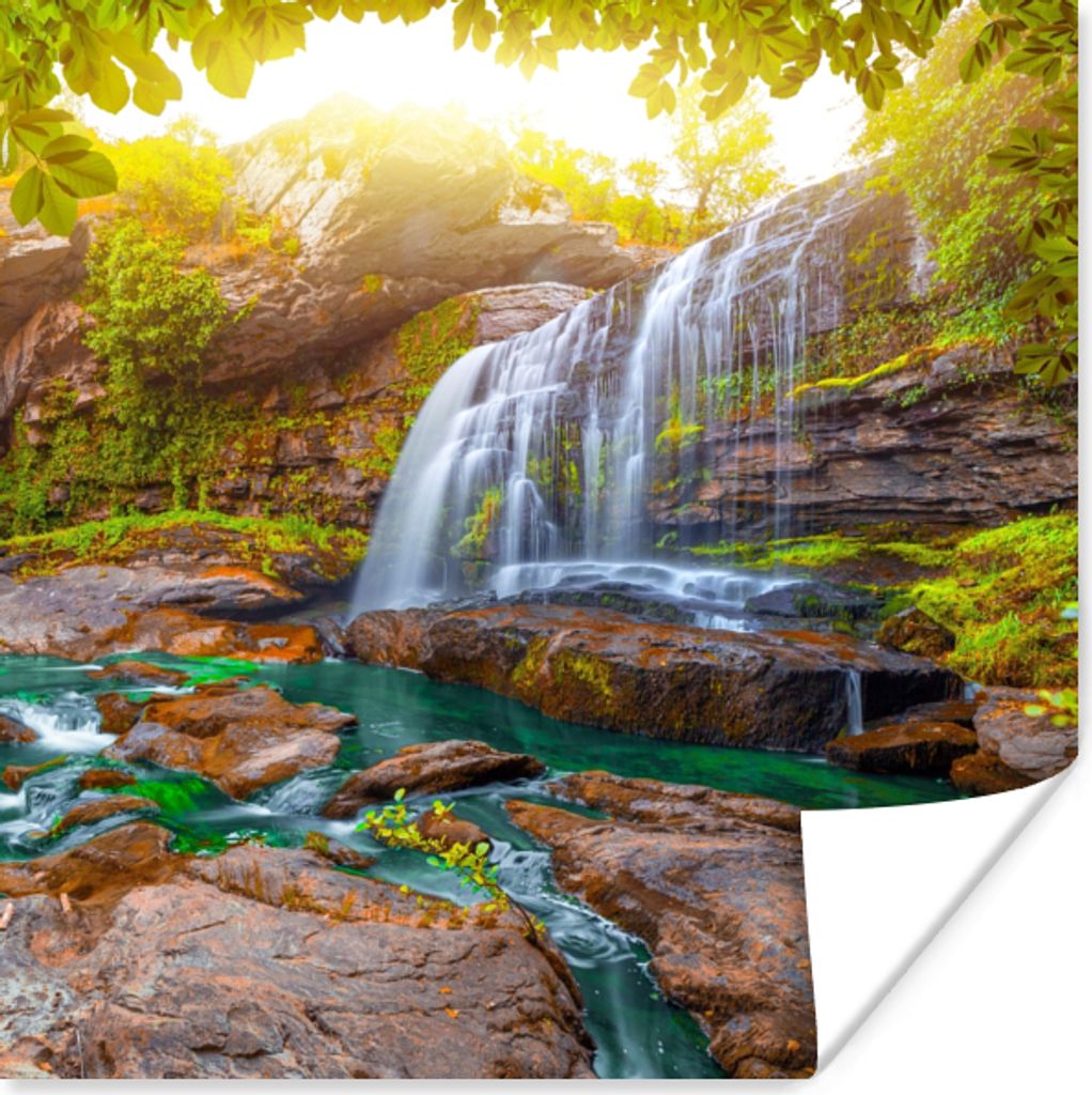 MuchoWow Poster Natur - Wasserfall - Pflanzen - Bäume - Sonne 100x100 cm - Babyzimmer