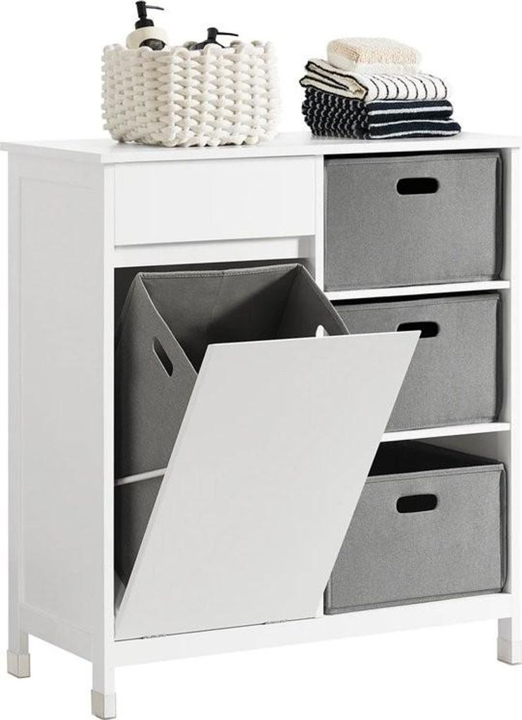 Mara Badezimmerschrank - Kippbarer Wäschekorb - Badezimmermöbel mit Wäscheschrank - Weißgrau - MDF - 38 x 80 x 91 cm