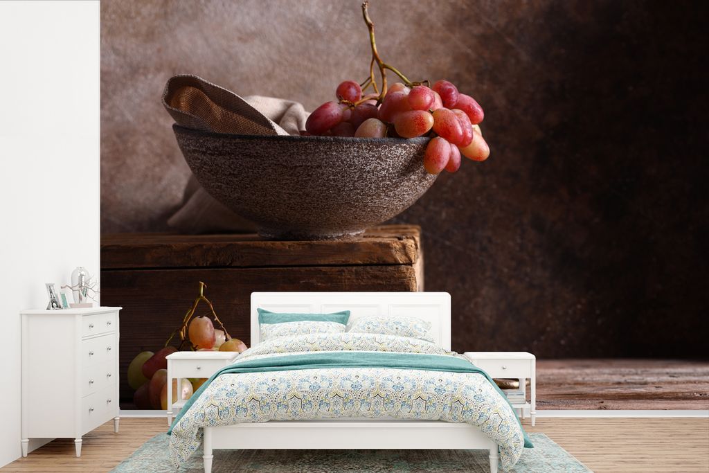MuchoWow Fototapete für Wohnzimmer oder Schlafzimmer Wandtapete Vinyl Motivtapete Rustikal - Weintrauben - Schale - Stilleben - Obst - 390x260 c...