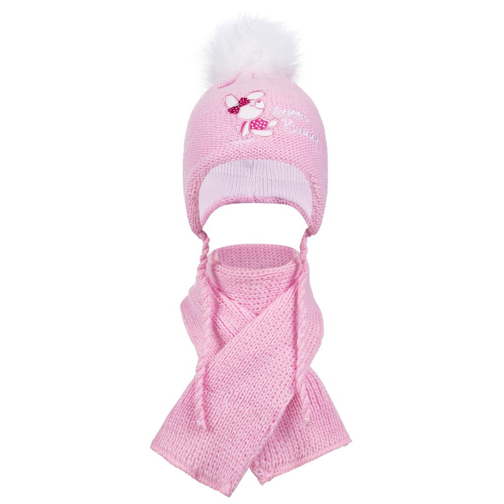 Strickmütze Baby Mädchen Winterset Bommelmütze+Schal, Hellrosa