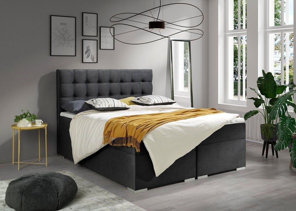 Deine Möbel 24 Boxspringbett CLAUDIA 160x200 cm Anthrazit Graphit Komplettbett inkl..Taschenfederkernmatratzen 7 Zonen H4 Polsterbett Ehebet Topper