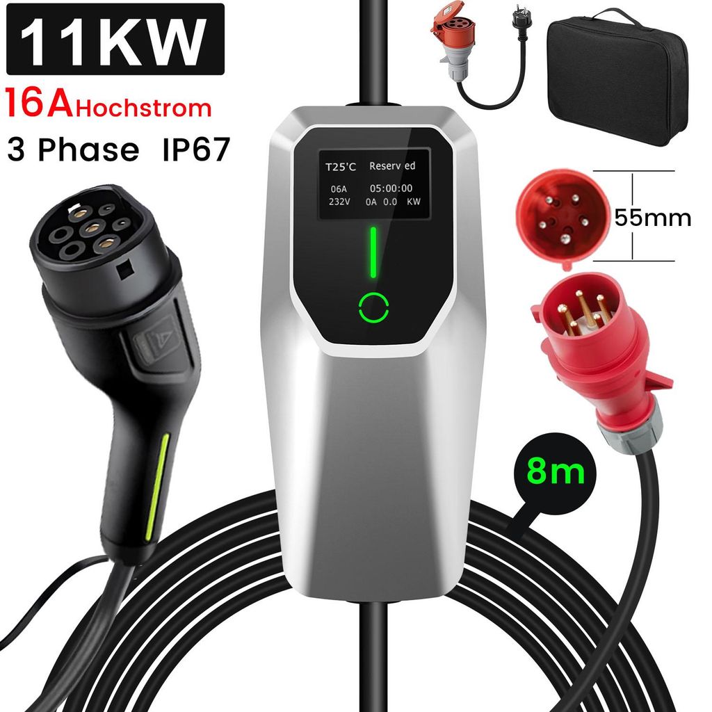 11kW 16A Typ 2 Ladegerät für E-Auto, 8m TPE-Kabel, mobile Wallbox mit LCD-Display, IP67 wasserdicht