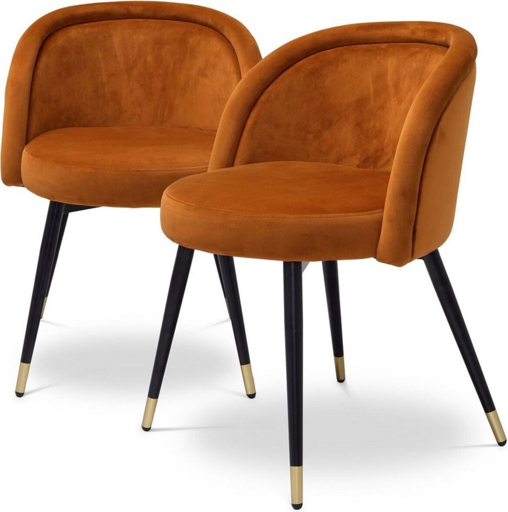 Casa Padrino Luxus Esszimmerstuhl Set Orange / Schwarz / Messing 57,5 x 58 x H. 77 cm - Edle Esszimmerstühle - Luxus Esszimmer Möbel