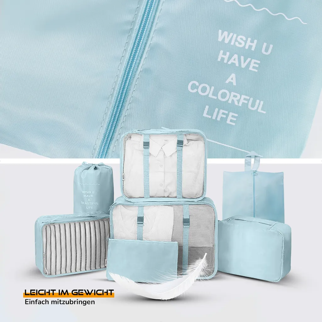 Set 8 Cubi Da Imballaggio Per Viaggio | Organizer Per Valigia Con Beauty Case, Borsa Scarpe E Borsa Lavanderia | Celeste