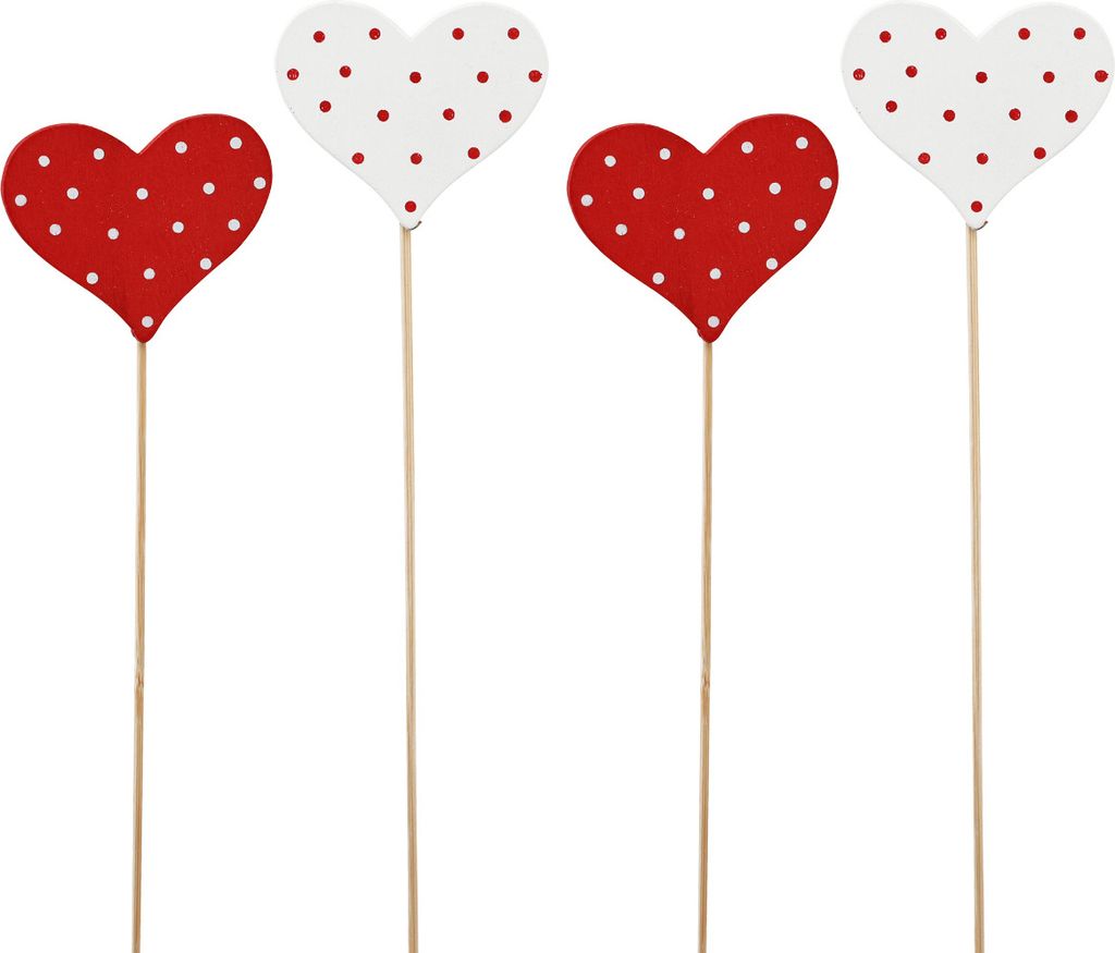 Herzen Deko Blumenstecker Rot Weiß Punkte Holz 6×5cm 18 Stk, 18 Stück