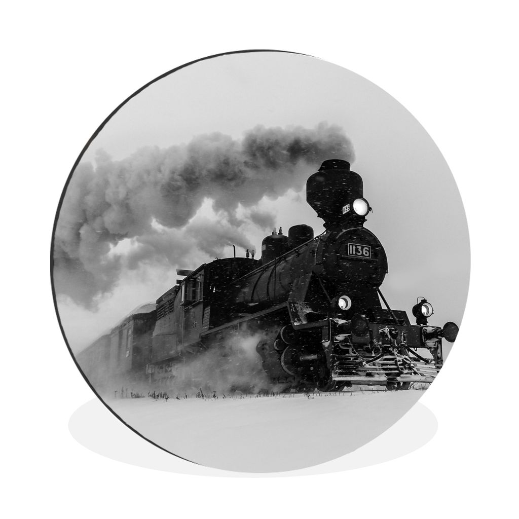 MuchoWow Aluminium Wandkreis Dampflokomotive im Schnee - schwarzes und weißes Quadrat Ø 60 cm Wanddeko Modern Wohnzimmer - Wand Kreis - Wandbil...