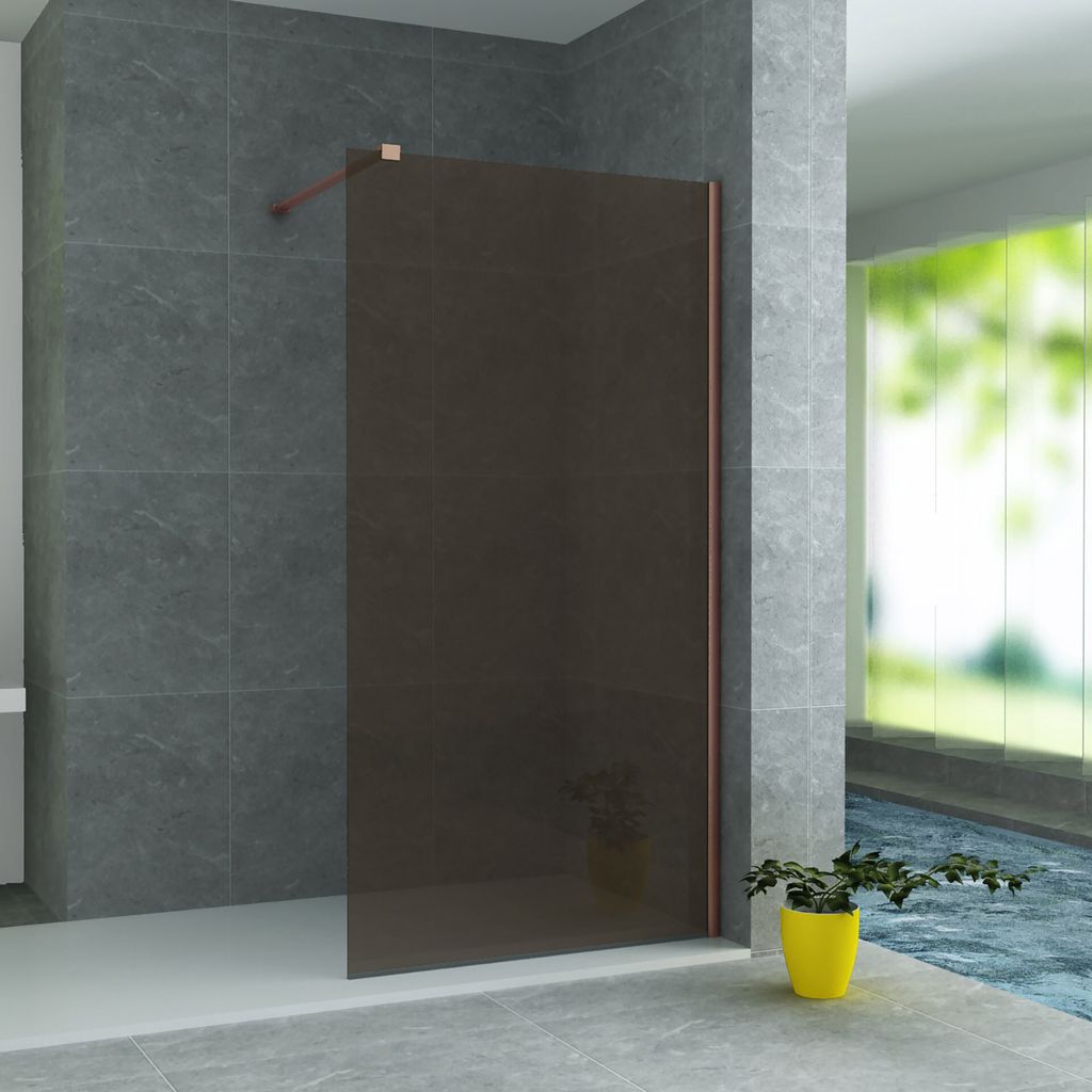A modern bathroom with a glass shower enclosure.