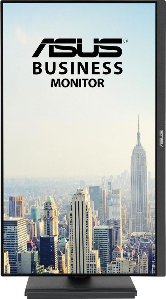 A computer monitor displaying a cityscape with the ASUS Business Monitor logo at the top.