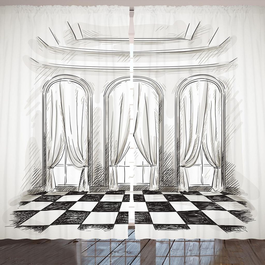 ARANDE Antiquität Gardine, Skizze Wohnzimmer Ballsaal Hall Schloss barocke Theater Vorhang Illustration, 280 x 175 cm, Weiß Schwarz