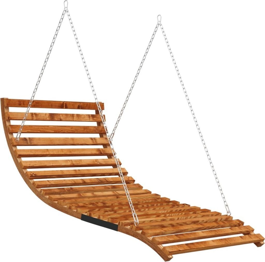 A wooden swing seat suspended by chains against a white background.
