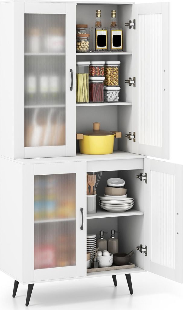 COSTWAY 178,5 cm Küchenschrank, Küchenregal mit 4 transparenten Türen & verstellbares Regal, Buffetschrank Standregal Hochschrank, Weiß