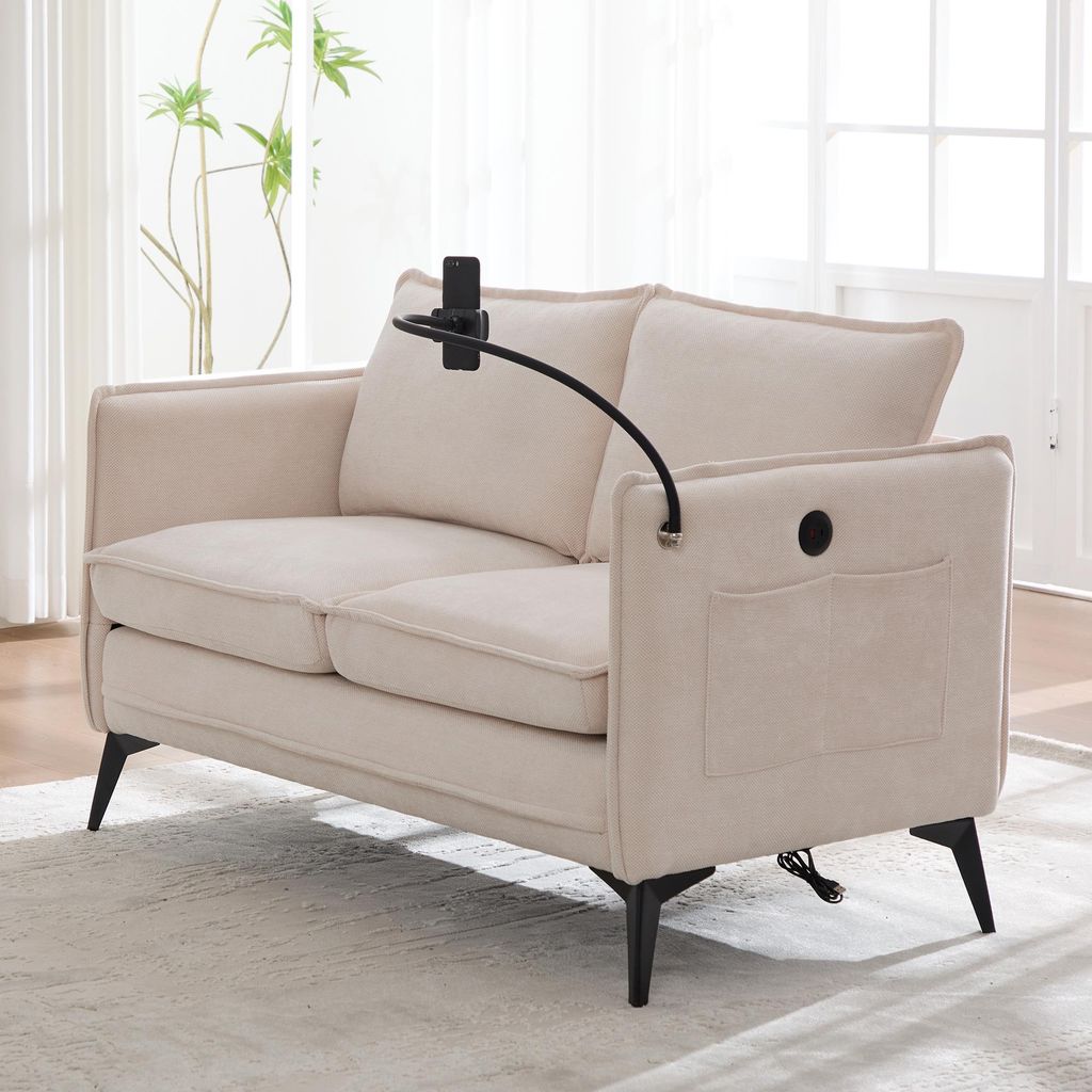STILVORA Doppelsofa mit Seitentasche und Handy-Halter,Zweisitzer mit Lagerung,Sofa für Wohnzimmer,Schlafzimmer&Balkon,Beige