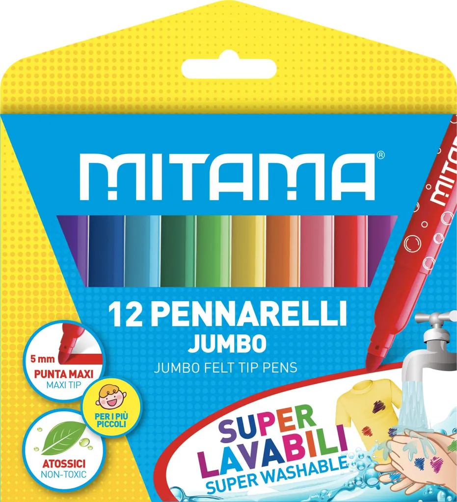 Marqueurs lavables JUMBO pointe fine 5 mm Mitama set 12 couleurs 61998