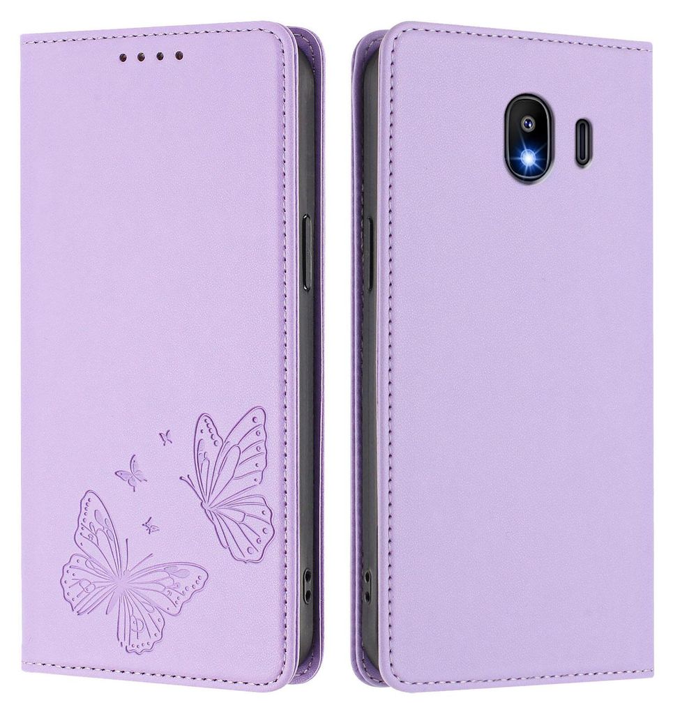 Lederhülle für Samsung Galaxy J4 2018, Schmetterling Prägung Leder Brieftasche Schutzhülle mit Ständer Violett