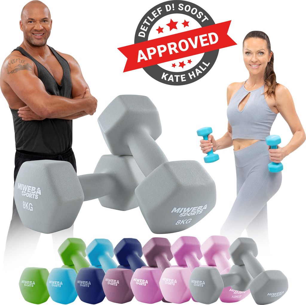 Miweba Sports Profi Neopren Hantel NKH100 | Hantelset - Kurzhanteln - Hexagon - Home Workout - Krafttraining - Anti Rutsch Oberfläche (Grau 2x 8,0...