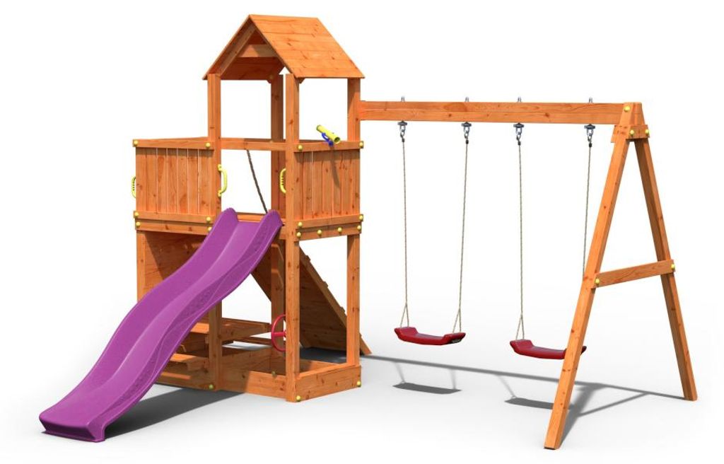 Spielturm Floppi teakfarben inkl. Doppelschaukel + Rutsche pink