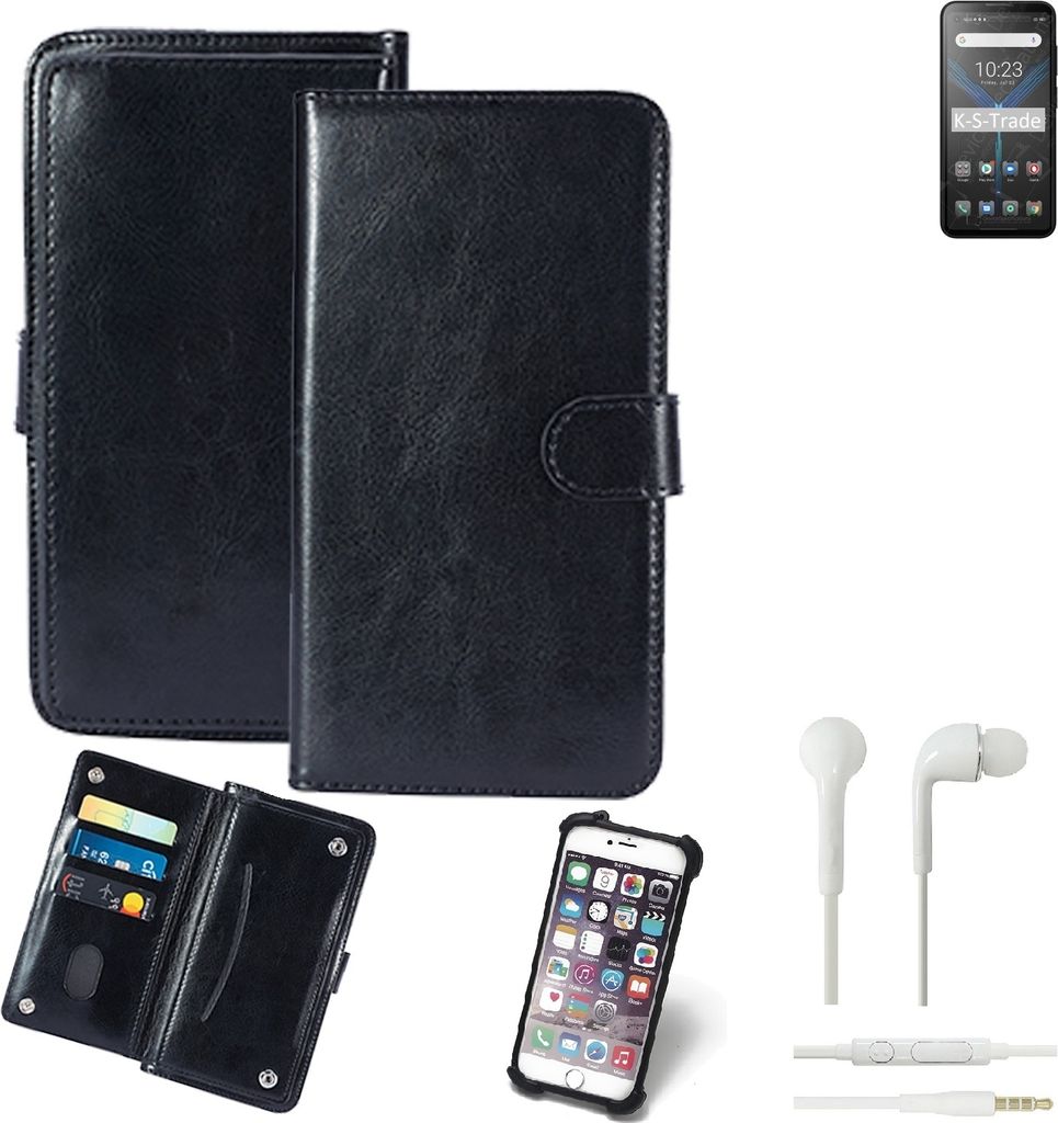 K-S-Trade 360° Hülle kompatibel mit Blackview BL5000 inkl. Headphones schwarz Kunstleder Case BookCase WalletCase Kunstlederederhülle Handyhülle,